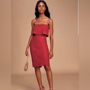 NWT Lulu’s Wine Red Lace Strapless Bodycon Midi Dress Size Large